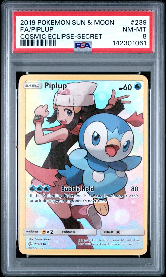 2019 #239 Full Art/Piplup PSA 8 Sun & Moon Cosmic Eclipse Pokemon