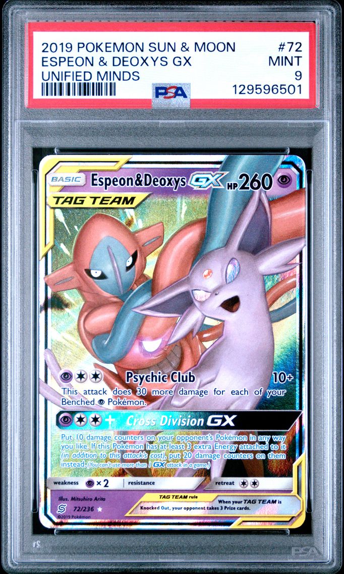 2019 #72 Espeon & Deoxys GX PSA 9 Sun & Moon Unified Minds Pokemon