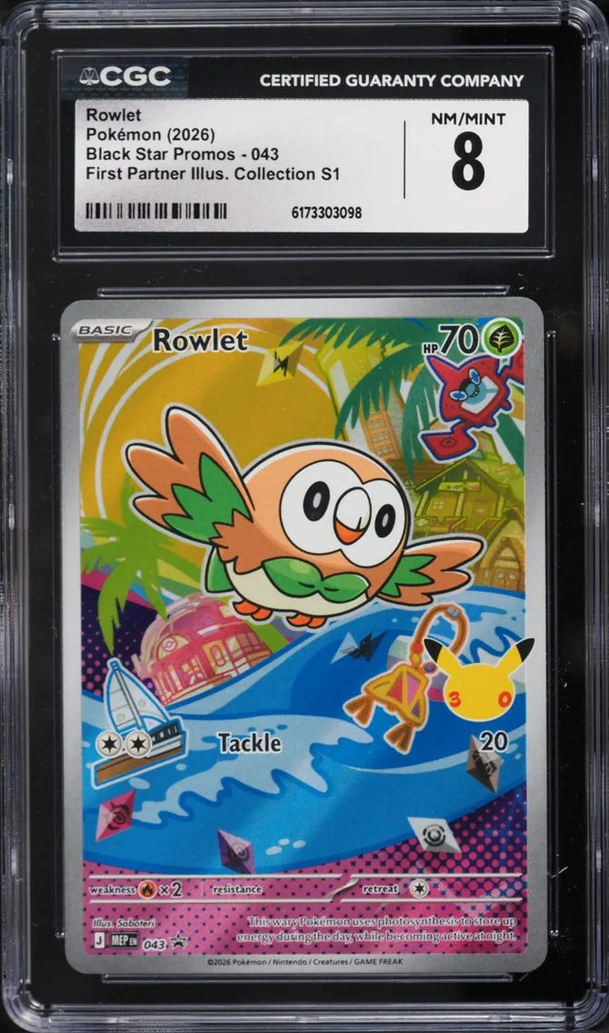 2026 Pokemon Mega Promo First Partner Illustration S1 Full Art Rowlet #43 CGC 8 NM-MT