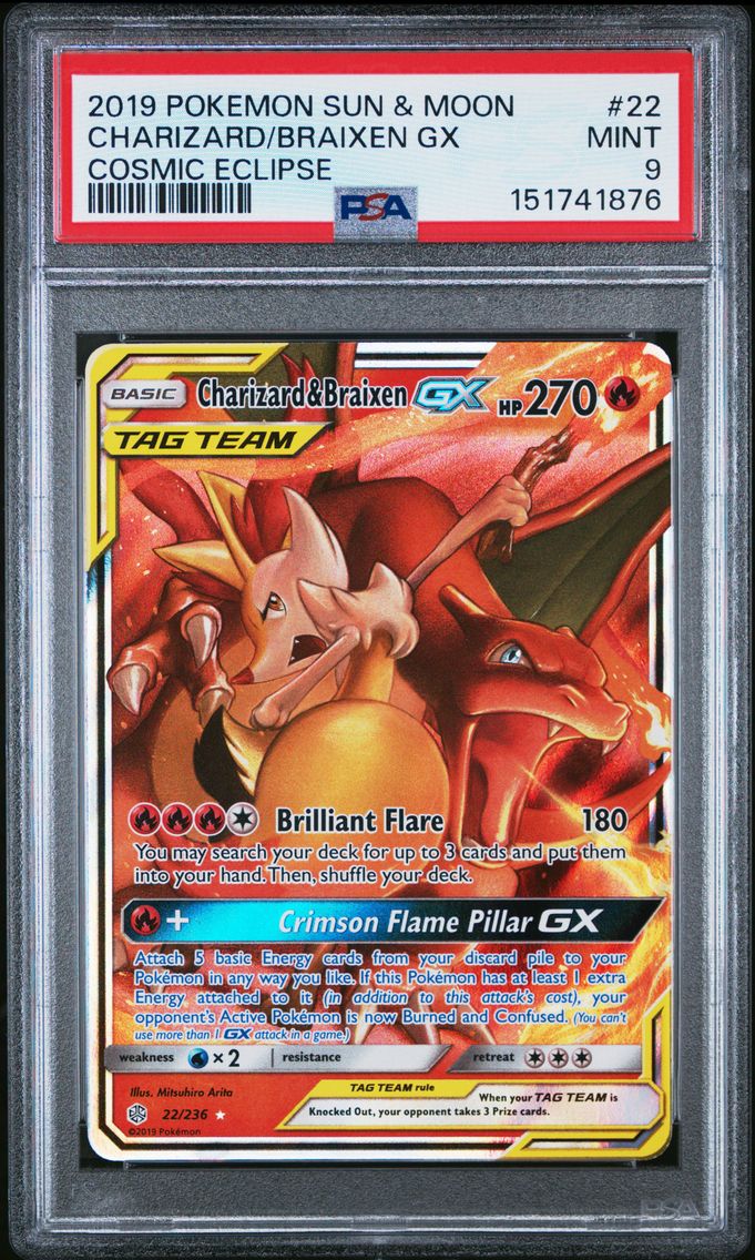 2019 #22 Charizard & Braixen GX PSA 9 Sun & Moon Cosmic Eclipse