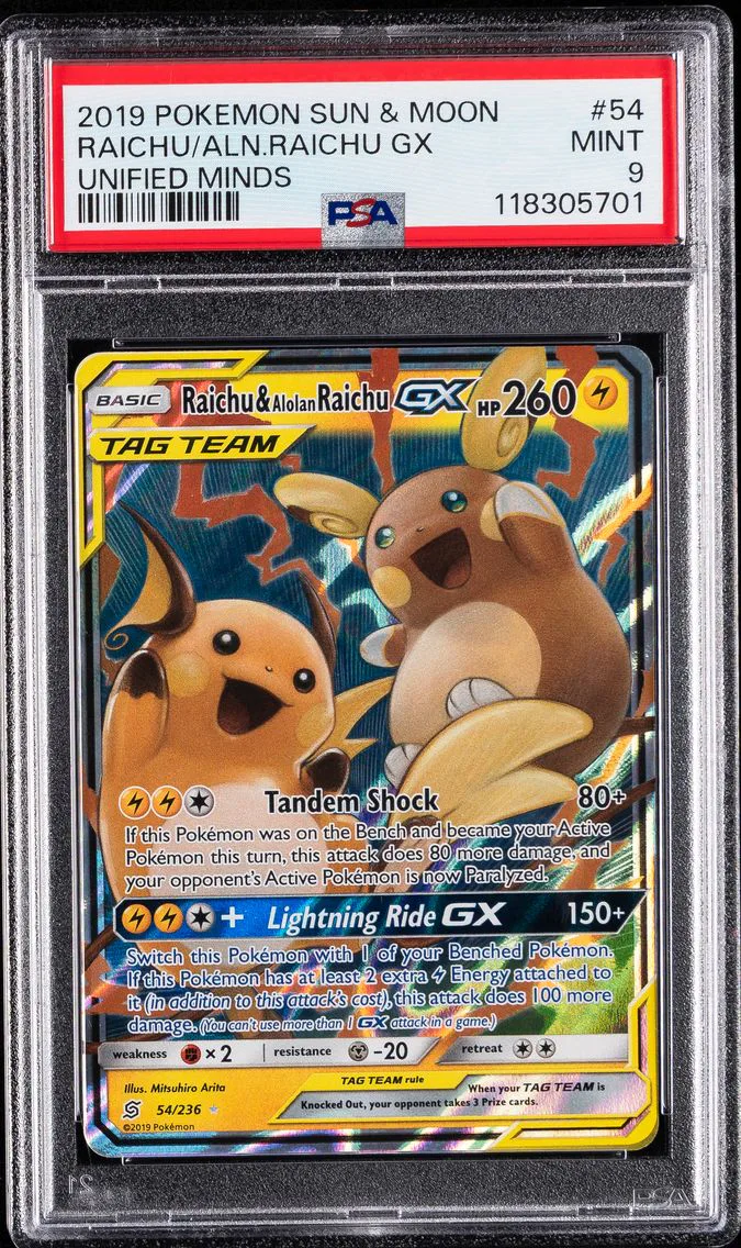 2019 #54 Raichu & Alolan Raichu GX PSA 9 Sun & Moon Unified Minds Pokemon