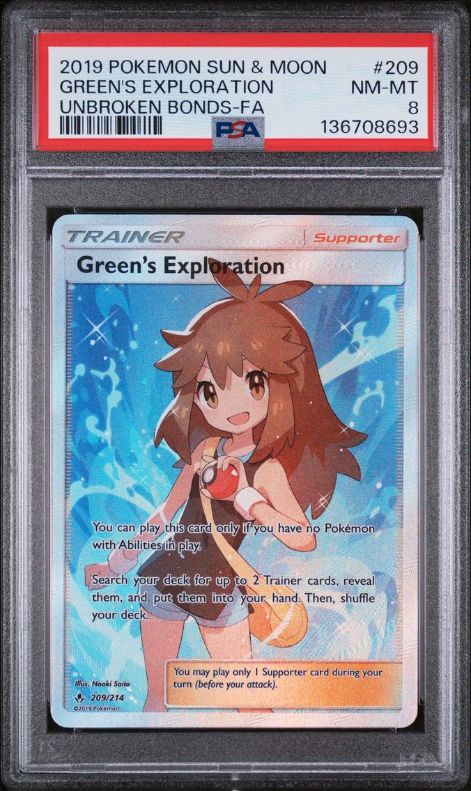 2019 #209 Full Art/Green's Exploration PSA 8 Sun & Moon Unbroken Bonds Pokemon