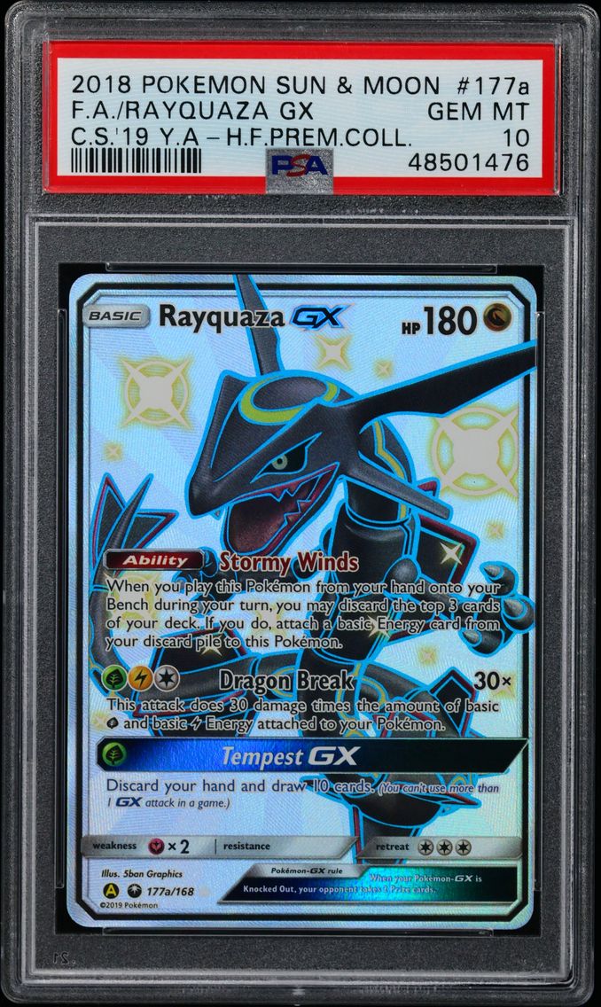 2018 #177a Full Art/Rayquaza GX PSA 10 Sun & Moon Celestial Storm