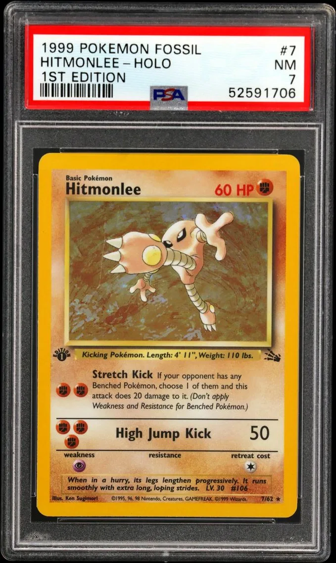 1999 #7 Hitmonlee-Holo 1st Edition PSA 7 Fossil