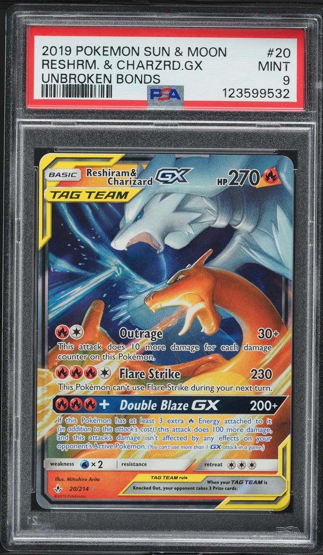 2019 #20 Reshiram & Charizard GX PSA 9 Sun & Moon Unbroken Bonds Pokemon