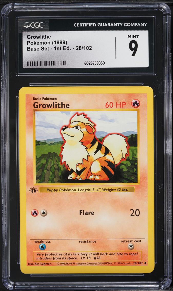 1999 #28 BASE SET SHADOWLESS 1ST EDITION GROWLITHE CGC 9 POKEMON