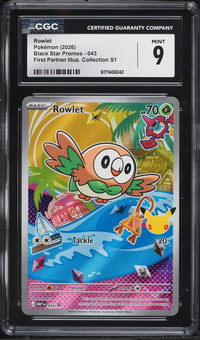 2026 Pokemon Mega Evolution Promo First Partner Illustration S1 Full Art Rowlet #43 CGC 9 MINT