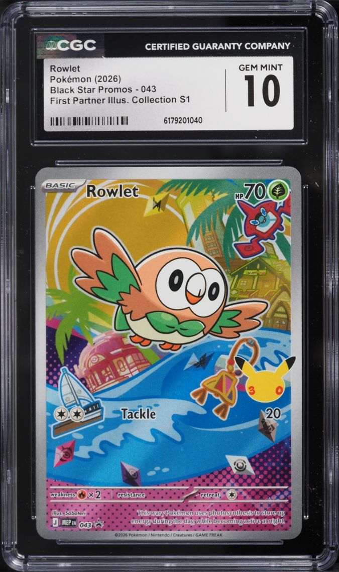 2026 Pokemon Mega Evolution Promo First Partner Illustration S1 Full Art Rowlet #43 CGC 10 GEM