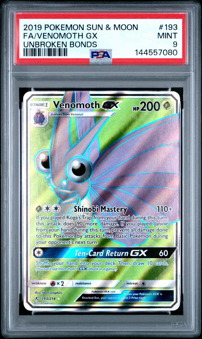 2019 #193 Full Art/Venomoth GX PSA 9 Sun & Moon Unbroken Bonds Pokemon