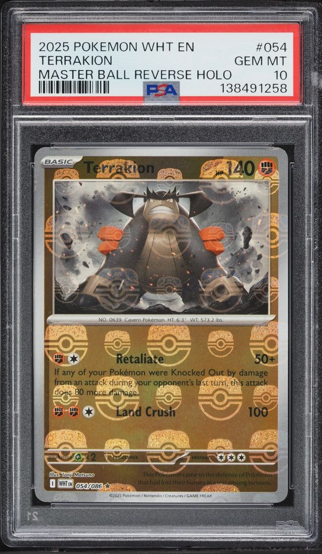 2025 Pokemon Scarlet & Violet White Flare Master Ball Reverse Holo Terrakion #054 PSA 10