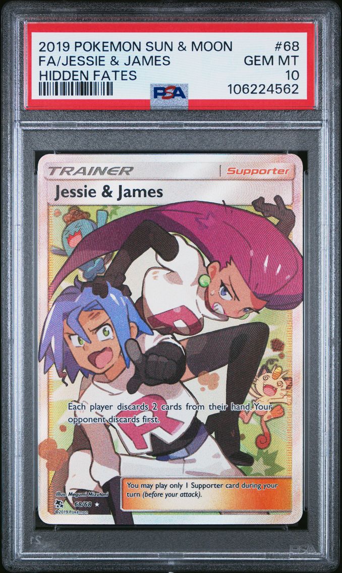 2019 #68 FULL ART/JESSIE & JAMES PSA 10 POKEMON SUN & MOON HIDDEN FATES