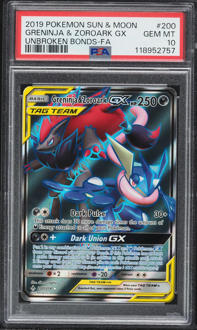 2019 #200 Full Art/Greninja & Zoroark GX PSA 10 Sun & Moon Unbroken Bonds Pokemon