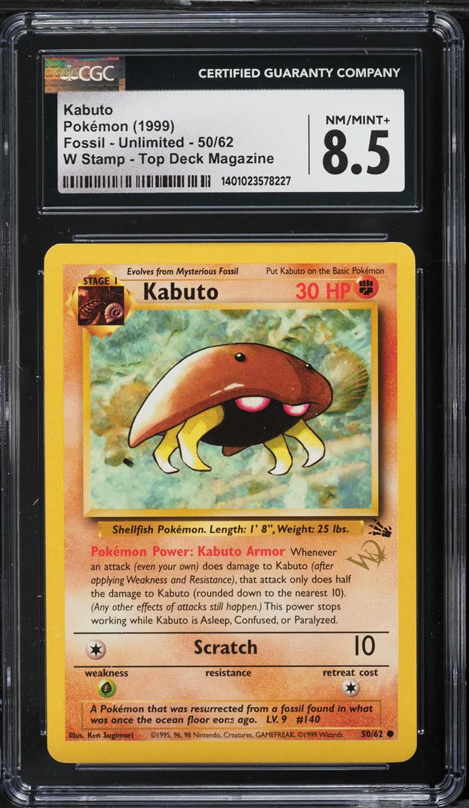 1999 Pokemon Fossil Top Deck Magazine W Stamp Kabuto #50 CGC 8.5 NM-MT+