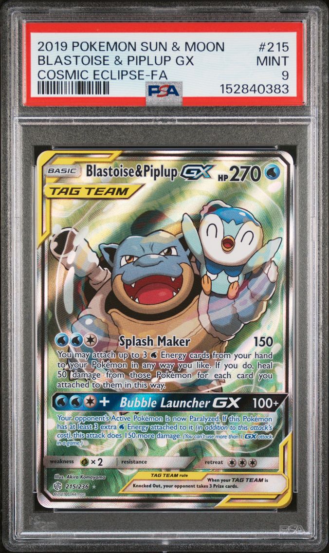 2019 #215 Full Art/Blastoise & Piplup GX PSA 9 Sun & Moon Cosmic Eclipse Pokemon
