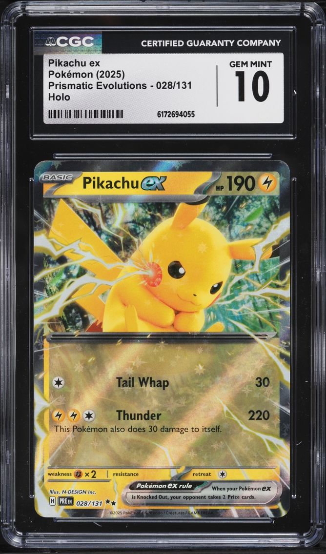 2025 Pokemon Scarlet & Violet Prismatic Evolutions Holo Pikachu EX #28 CGC 10 GEM MINT
