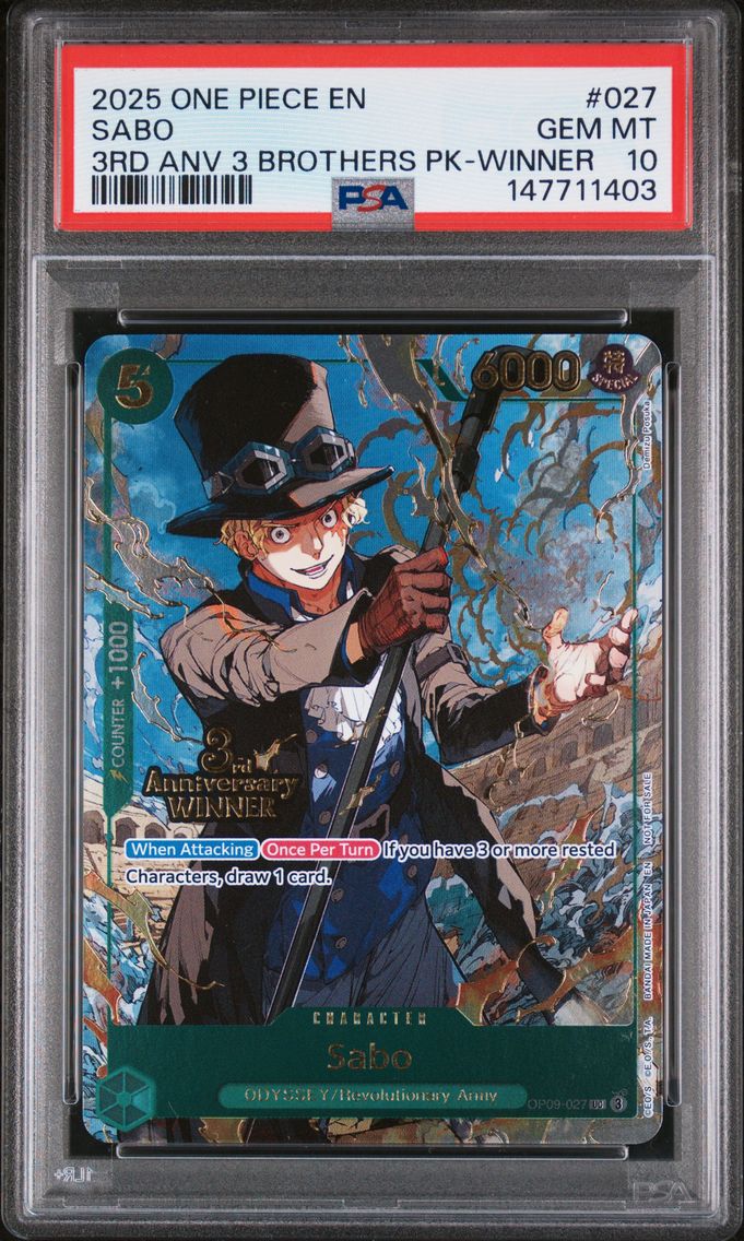 2025 #027 Sabo PSA 10 One Piece 3rd Anniversary Tournament 3 Brothers Pack