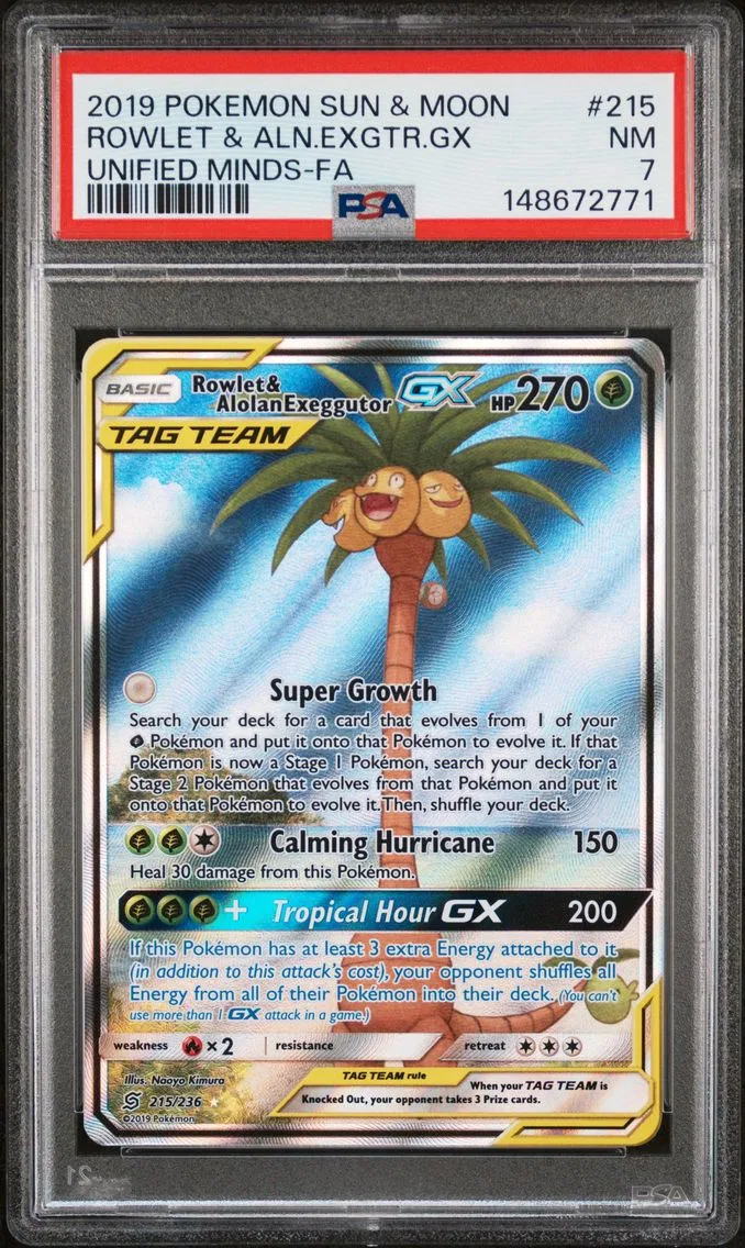 2019 #215 Full Art/Rowlet & Alolan Exeggutor GX PSA 7 Sun & Moon Unified Minds Pokemon
