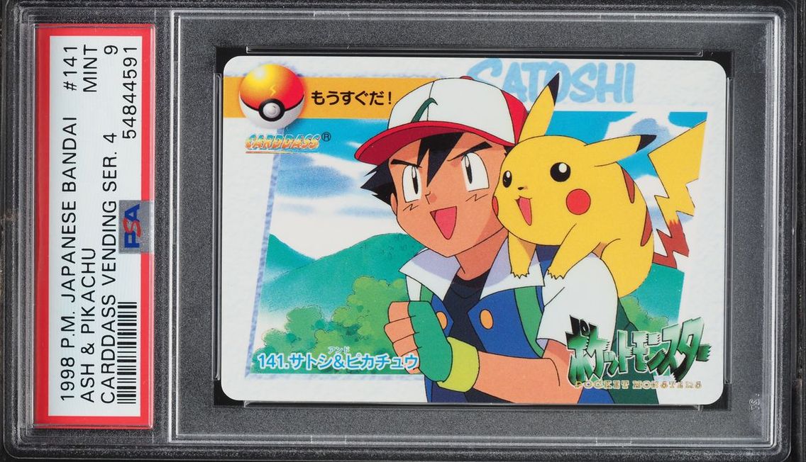 1998 Pokemon Japanese Bandai Carddass Vending Series 4 Ash & Pikachu #141 PSA 9 MINT