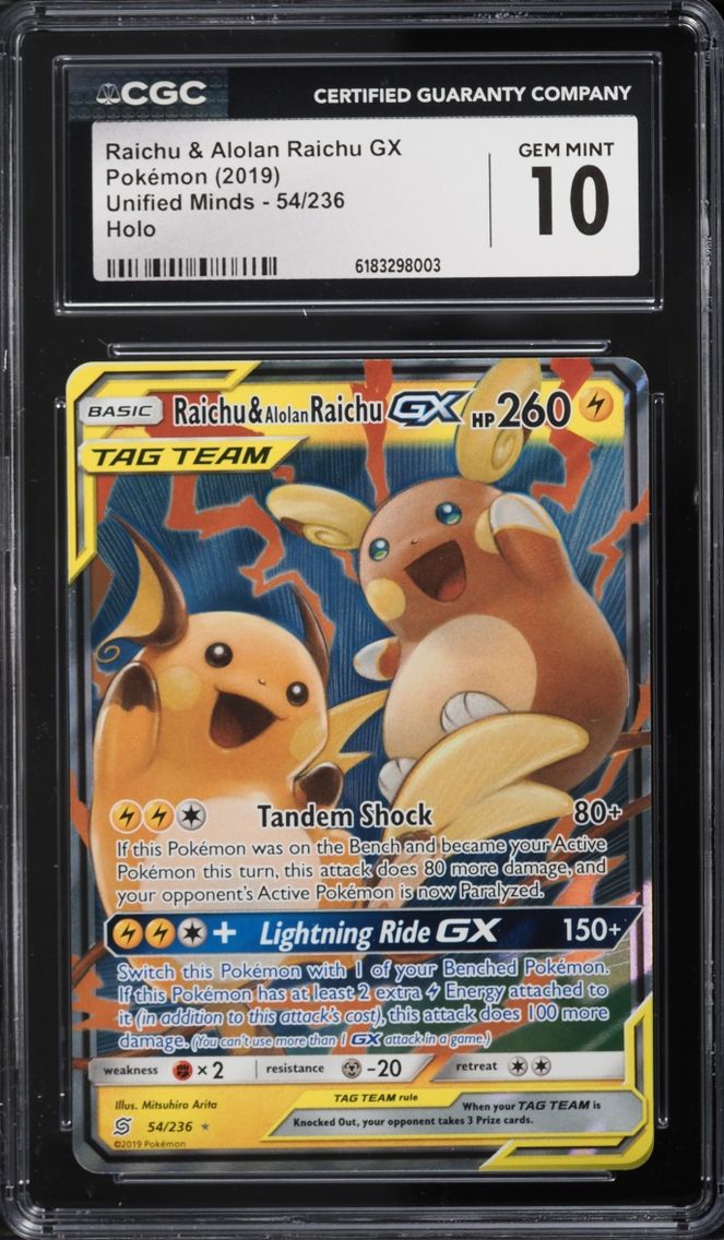 2019 #54 Raichu & Alolan Raichu GX CGC 10 Pokemon Sun & Moon Unified Minds Holo