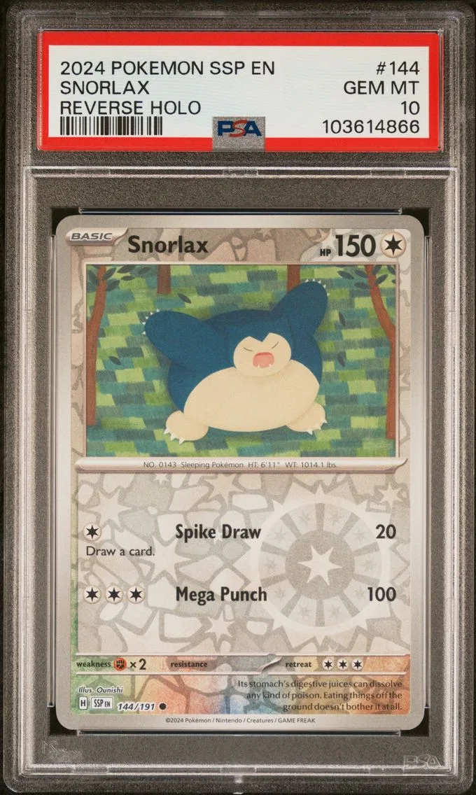 2024 #144 Snorlax Reverse Holo PSA 10 Ssp EN-Surging Sparks