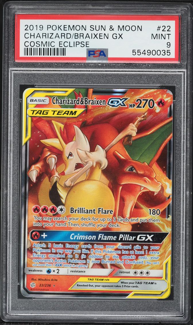 2019 #22 Charizard & Braixen GX PSA 9 Sun & Moon Cosmic Eclipse Pokemon