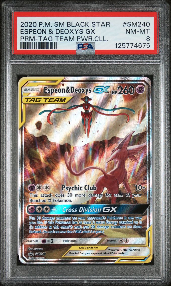 2020 #SM240 Espeon & Deoxys GX PSA 8 SM Black Star Promo