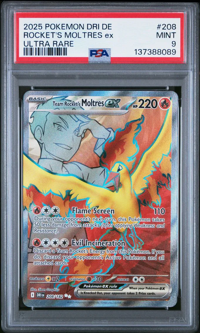 2025 #208 Team Rocket's Moltres EX PSA 9 German Dri de-Destined Rivals Pokemon