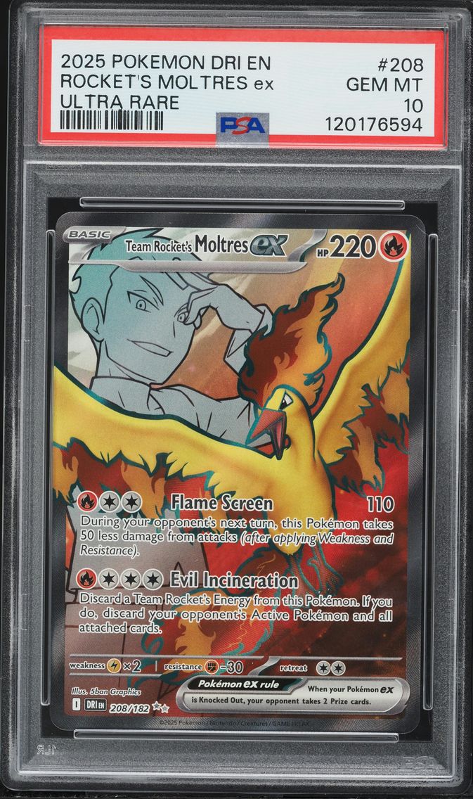 2025 #208 Team Rocket's Moltres EX PSA 10 Dri EN-Destined Rivals Pokemon