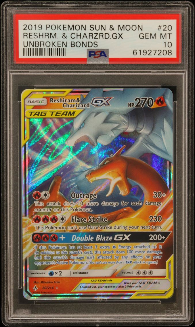 2019 #20 Reshiram & Charizard GX PSA 10 Sun & Moon Unbroken Bonds