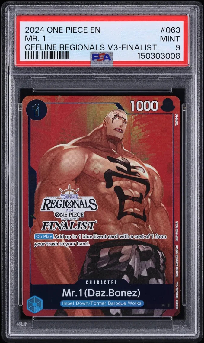 2024 #OP02-063 One Piece Promo Offline Regionals Vol. 3 Finalist Mr. 1 Daz Bonez MINT PSA 9