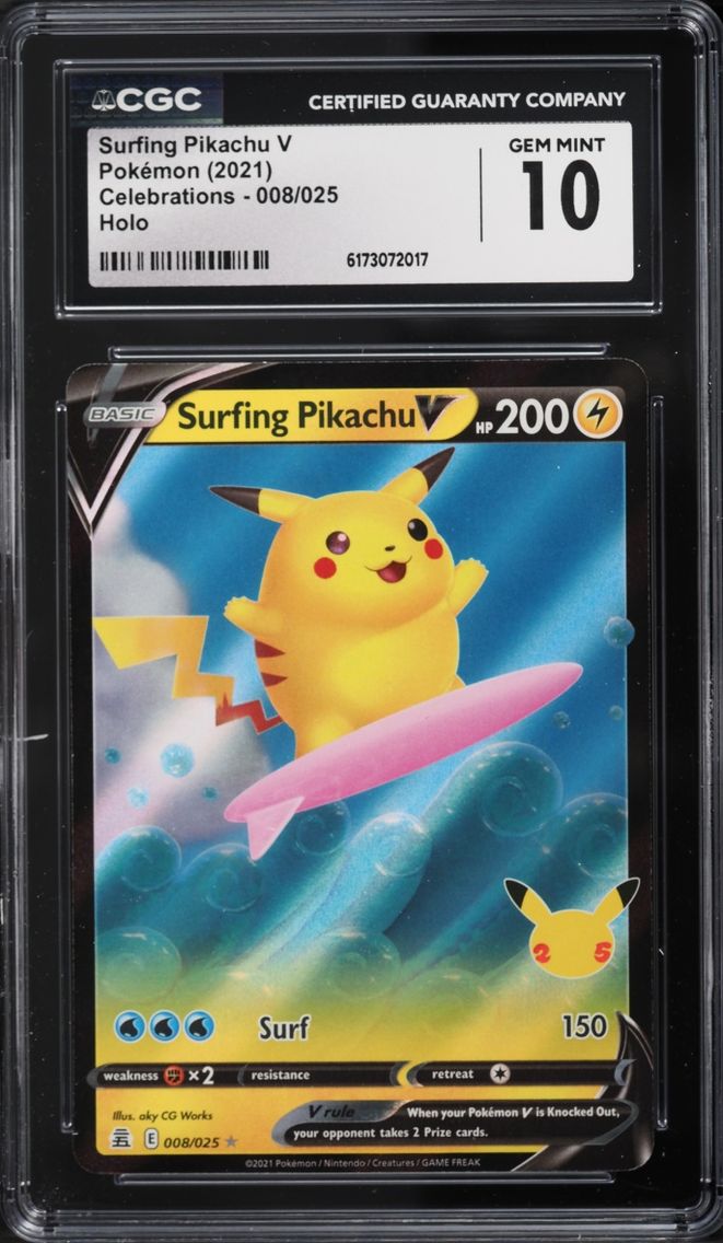 2021 Pokemon Sword & Shield Celebrations Holo Surfing Pikachu V #8 CGC 10 GEM MINT