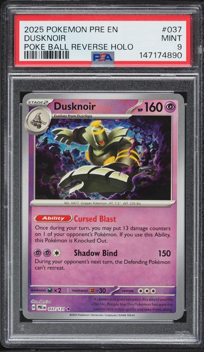 2025 Pokemon Scarlet & Violet Prismatic Evolutions Poke Ball Holo Dusknoir #037 PSA 9 MINT
