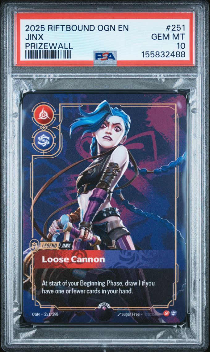 2025 #251 Jinx - Loose Cannon PSA 10 Riftbound: League of Legends Ogn-Origins Plated Legends