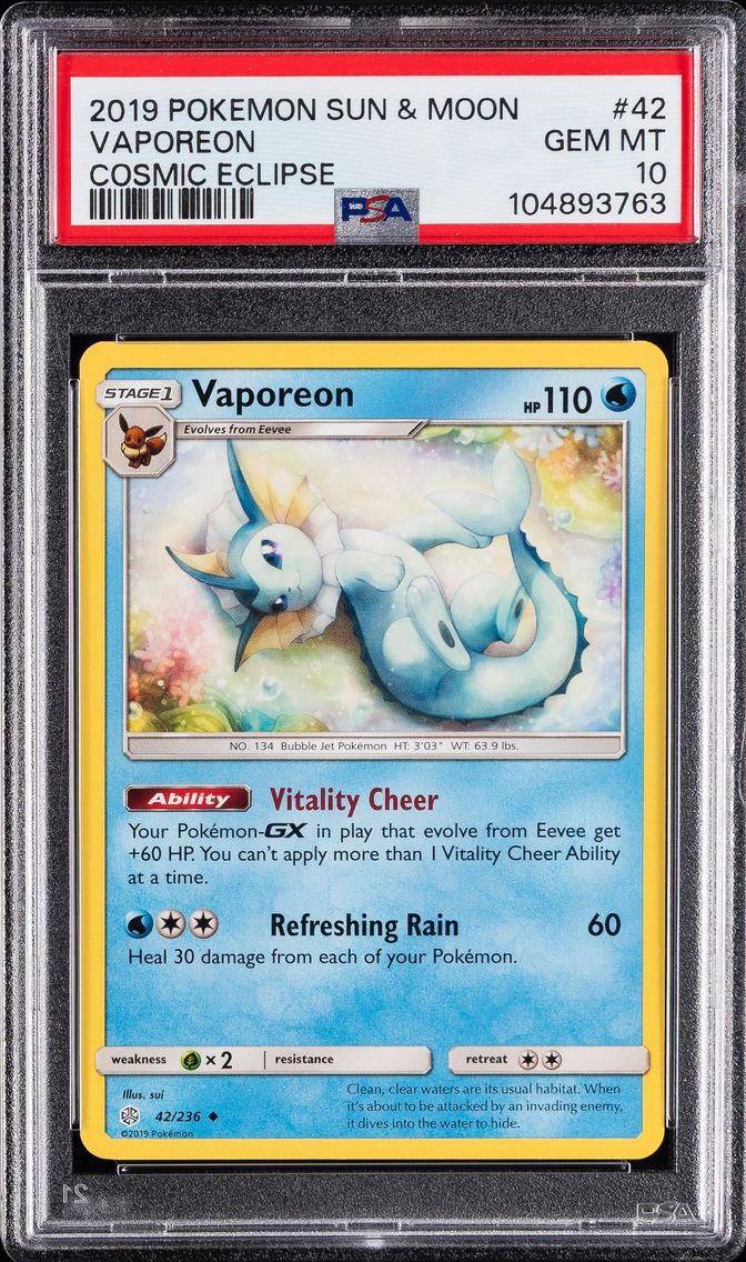 2019 #42 Vaporeon PSA 10 Sun & Moon Cosmic Eclipse Pokemon
