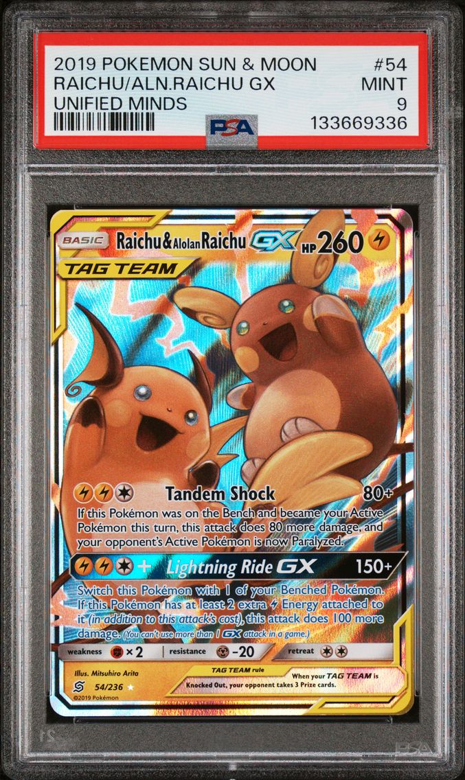 2019 #54 Raichu & Alolan Raichu GX PSA 9 Sun & Moon Unified Minds