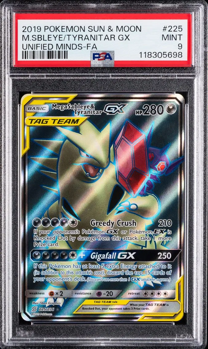 2019 #225 Full Art/Mega Sableye & Tyranitar GX PSA 9 Sun & Moon Unified Minds Pokemon