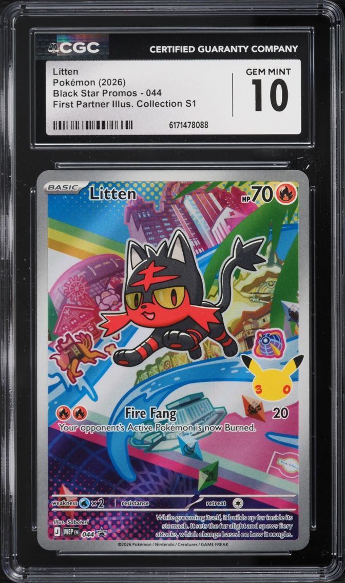 2026 Pokemon Mega Evolution Promo First Partner Illustration S1 Full Art Litten #44 CGC 10 GEM