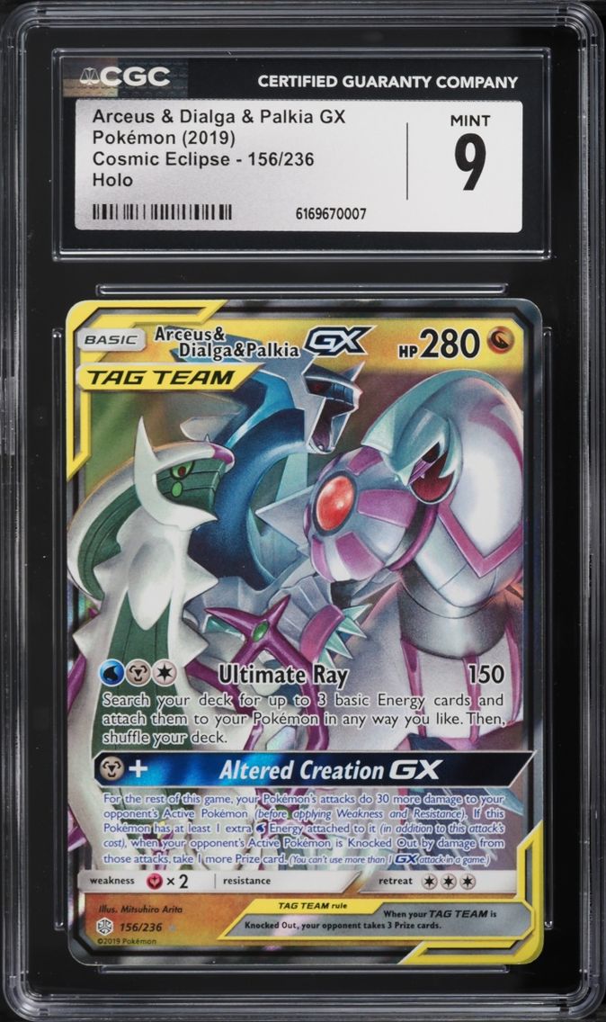 2019 Pokemon Sun & Moon Cosmic Eclipse Alt Art Arceus & Dialga & Palkia GX #156 CGC 9 MINT