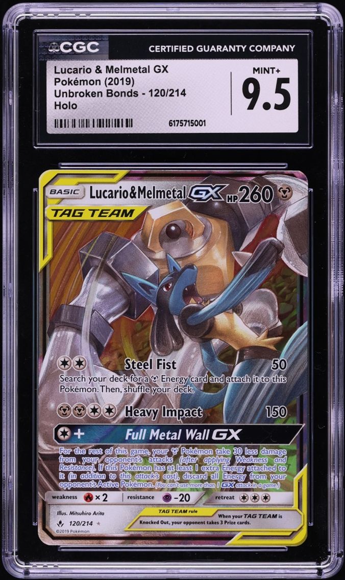 2019 Pokemon Sun & Moon Unbroken Bonds Lucario & Melmetal GX #120 CGC 9.5 MINT+