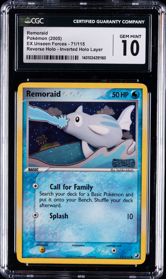 2005 #71 Remoraid CGC 10 Gem Mint Pokemon | EX Unseen Forces, Reverse Holo - Inverted Holo Lay