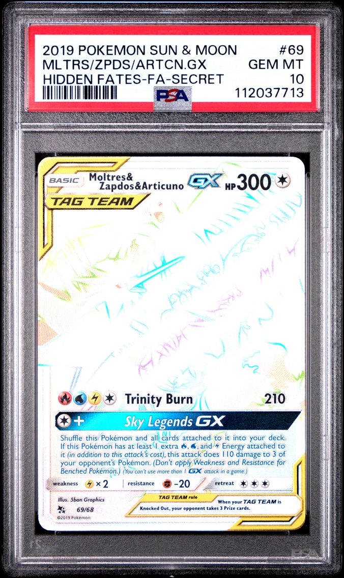 2019 #69 Full Art/Moltres & Zapdos & Articuno GX PSA 10 Sun & Moon Hidden Fates Pokemon