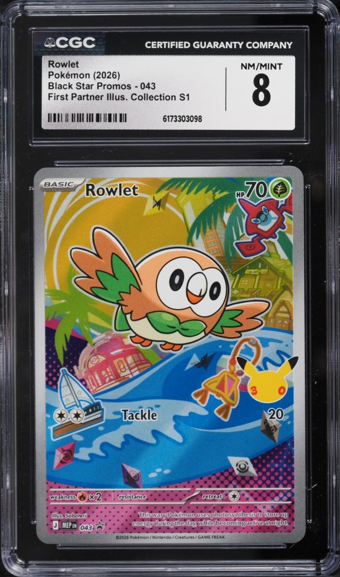 2026 Pokemon Mega Promo First Partner Illustration S1 Full Art Rowlet #43 CGC 8 NM-MT