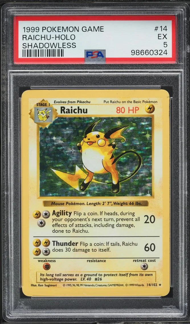 1999 #14 BASE SET SHADOWLESS HOLO RAICHU PSA 5 POKEMON