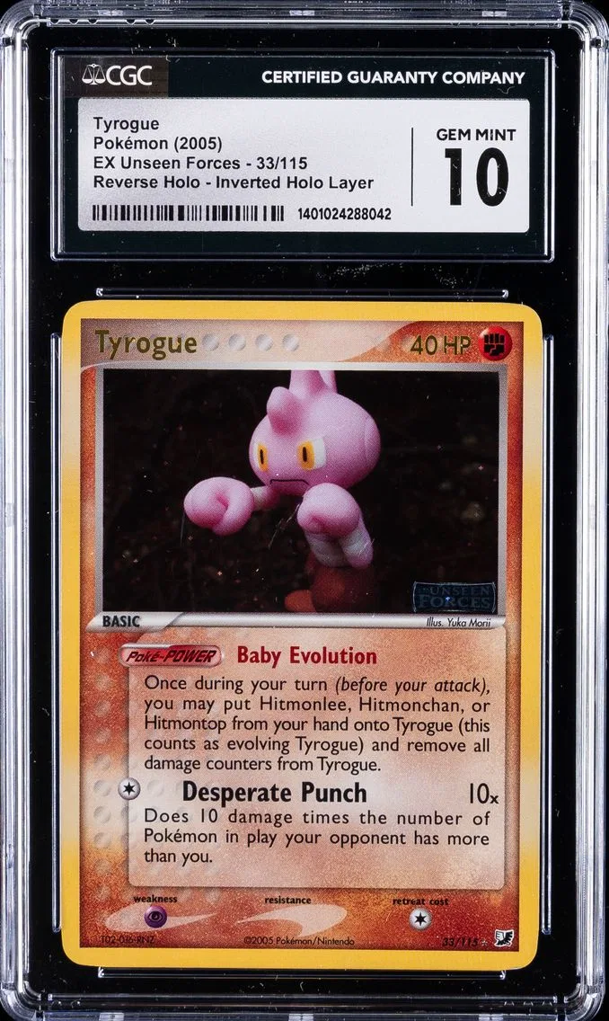 2005 #33 Tyrogue CGC 10 Gem Mint Pokemon | EX Unseen Forces,  Reverse Holo-Inverted Holo Layer