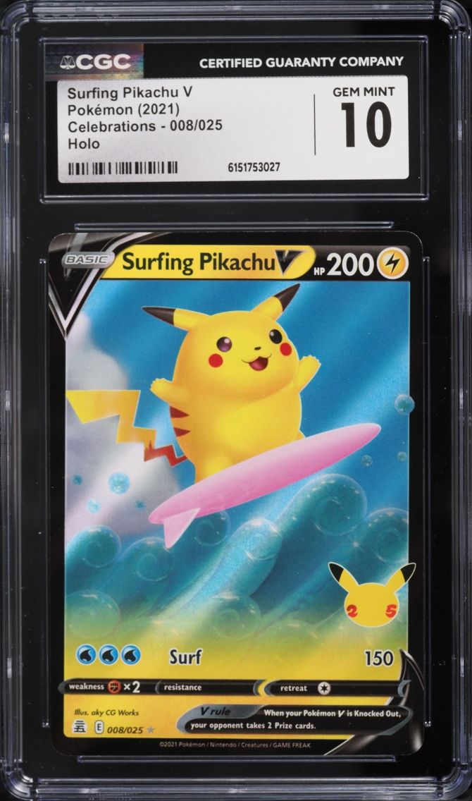 2021 Pokemon Sword & Shield Celebrations Holo Surfing Pikachu V #8 CGC 10 GEM MINT