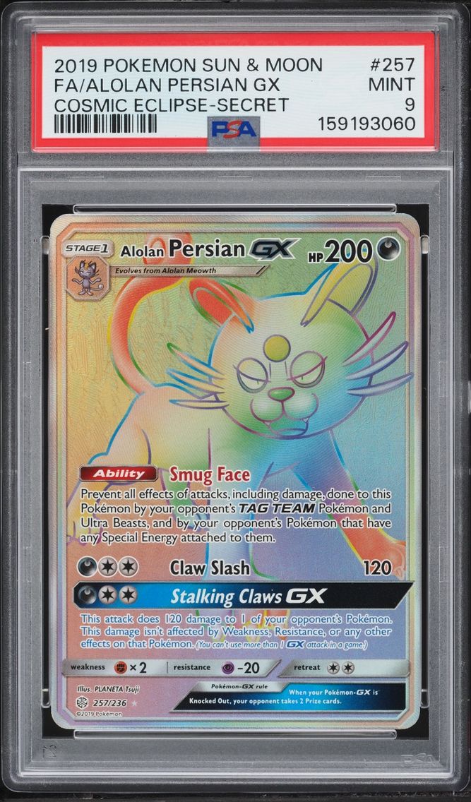2019 Pokemon Sun & Moon Cosmic Eclipse Rainbow Rare Alolan Persian Gx #257 PSA 9 MINT
