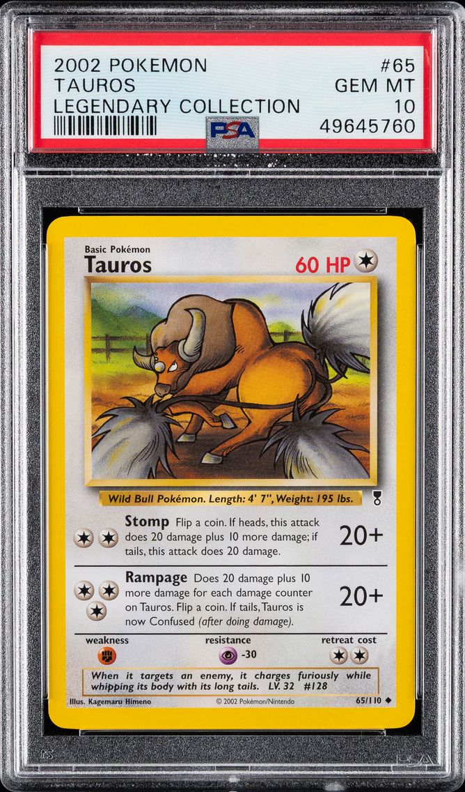 2002 #65 Tauros PSA 10 Legendary Collection Pokemon