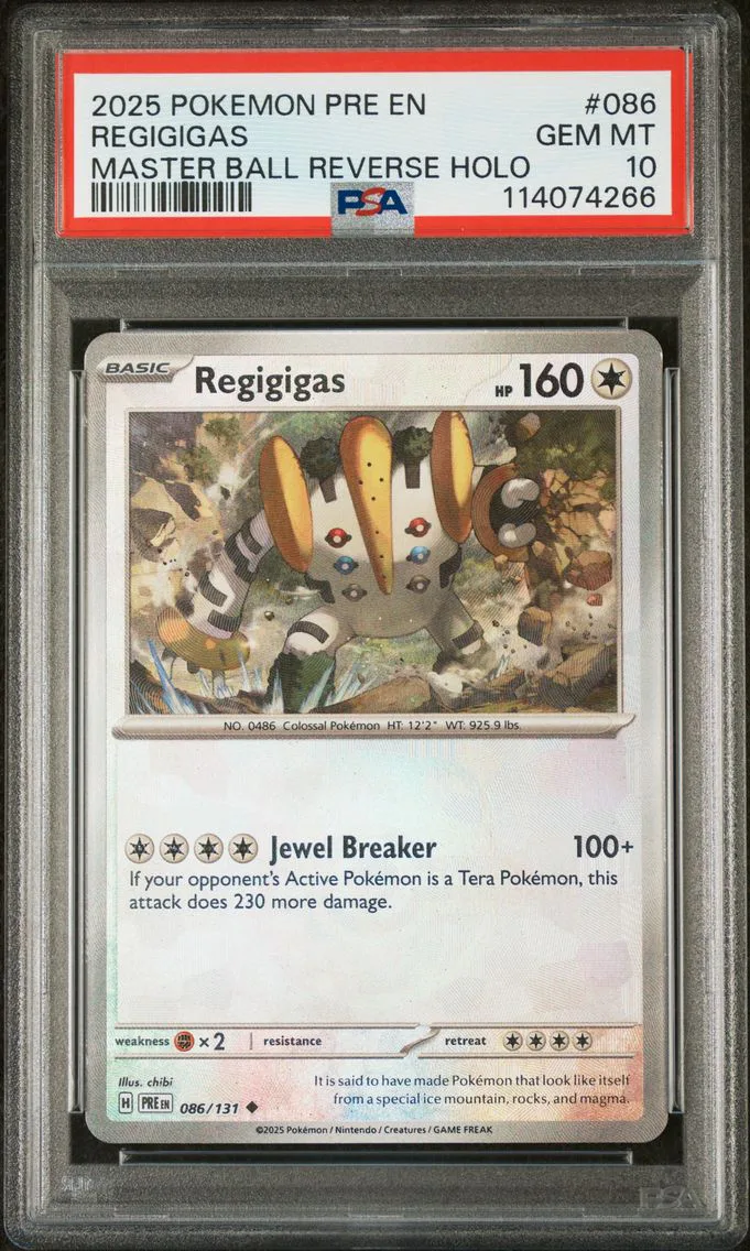 2025 #086 Regigigas Master Ball Reverse Holo PSA 10 Pre EN-Prismatic Evolutions
