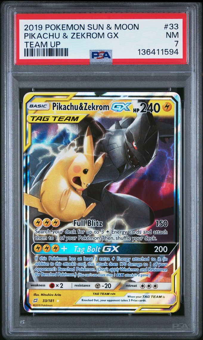 2019 #33 Pikachu & Zekrom GX PSA 7 Sun & Moon Team Up Pokemon