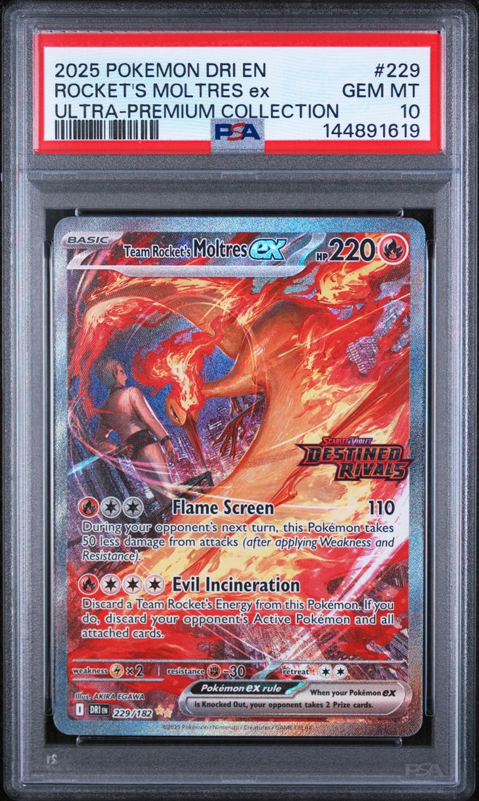 2025 #229 Team Rocket's Moltres EX PSA 10 Dri EN-Destined Rivals